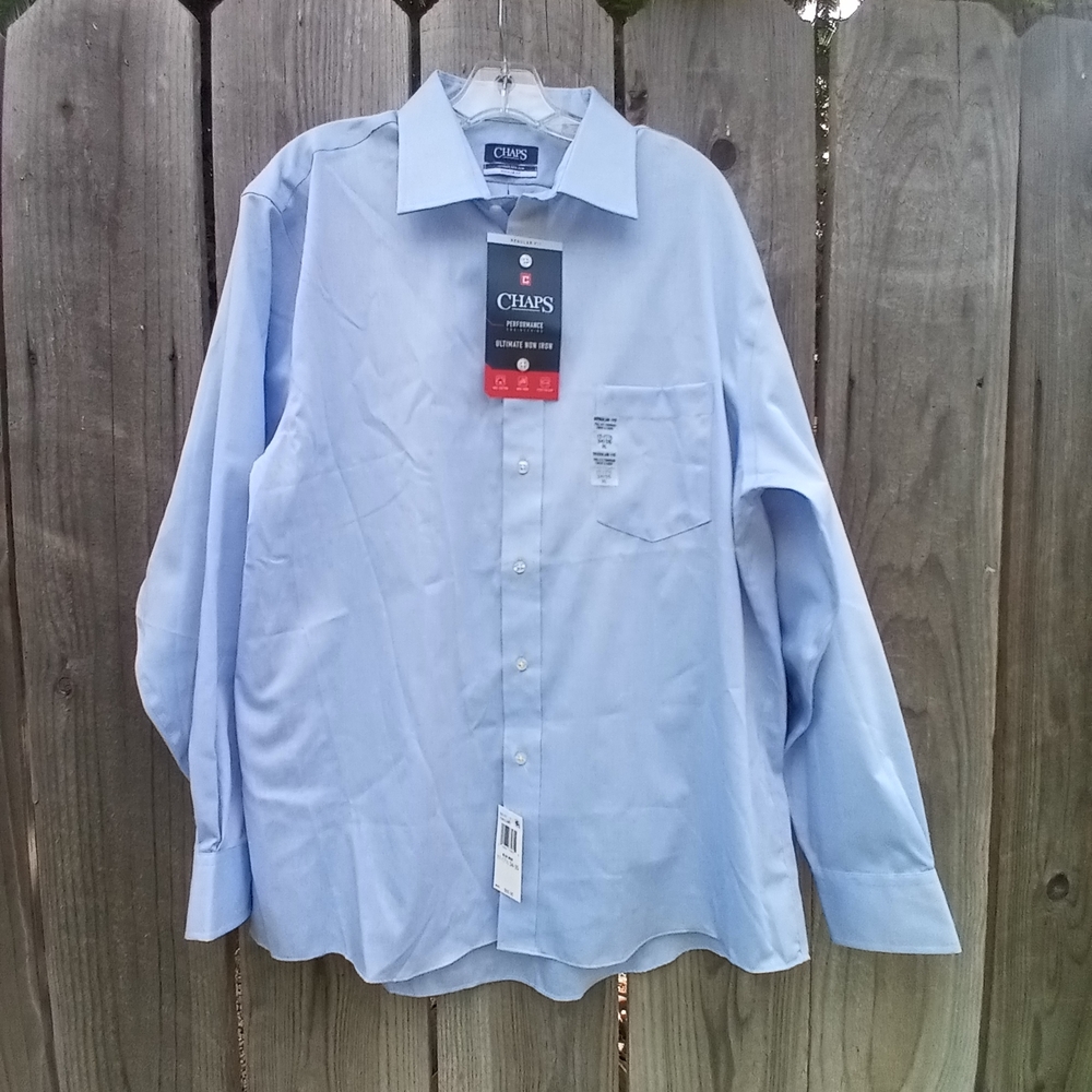 CHAPS REGULAR FIT SHIRT MEN 17-17.5(34-35) BLUE NON IRON FULL FIT BUTTON NEW